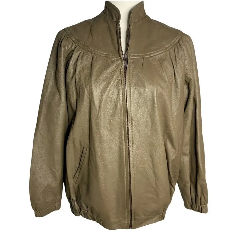 Vintage 70s Leather Jacket S Brown Full Zip High Collar Pockets Lined Union Made